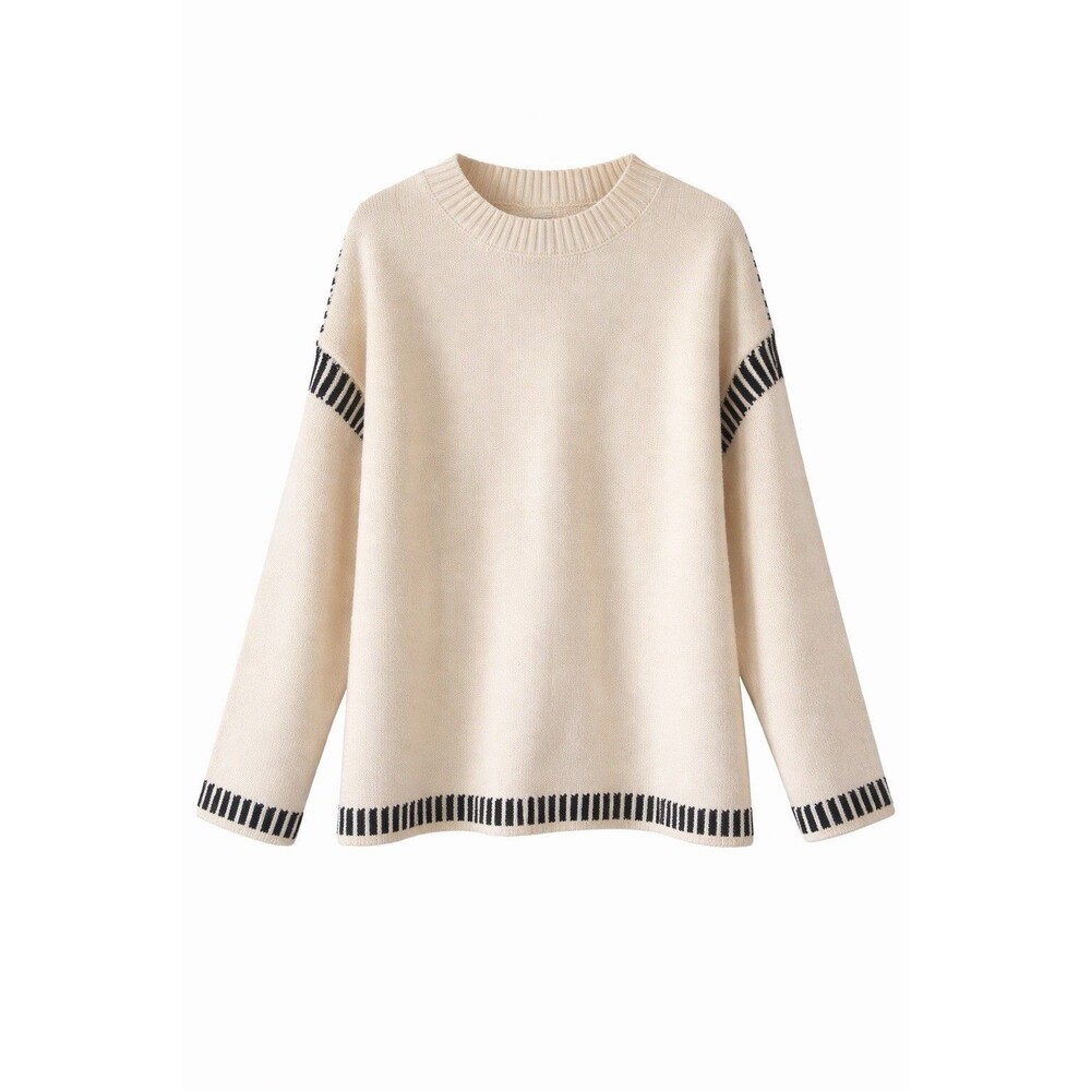 Dokotoo Women's Long Sleeve‎ Cream Black Sweater Size L Stripe Trim Cozy Chic